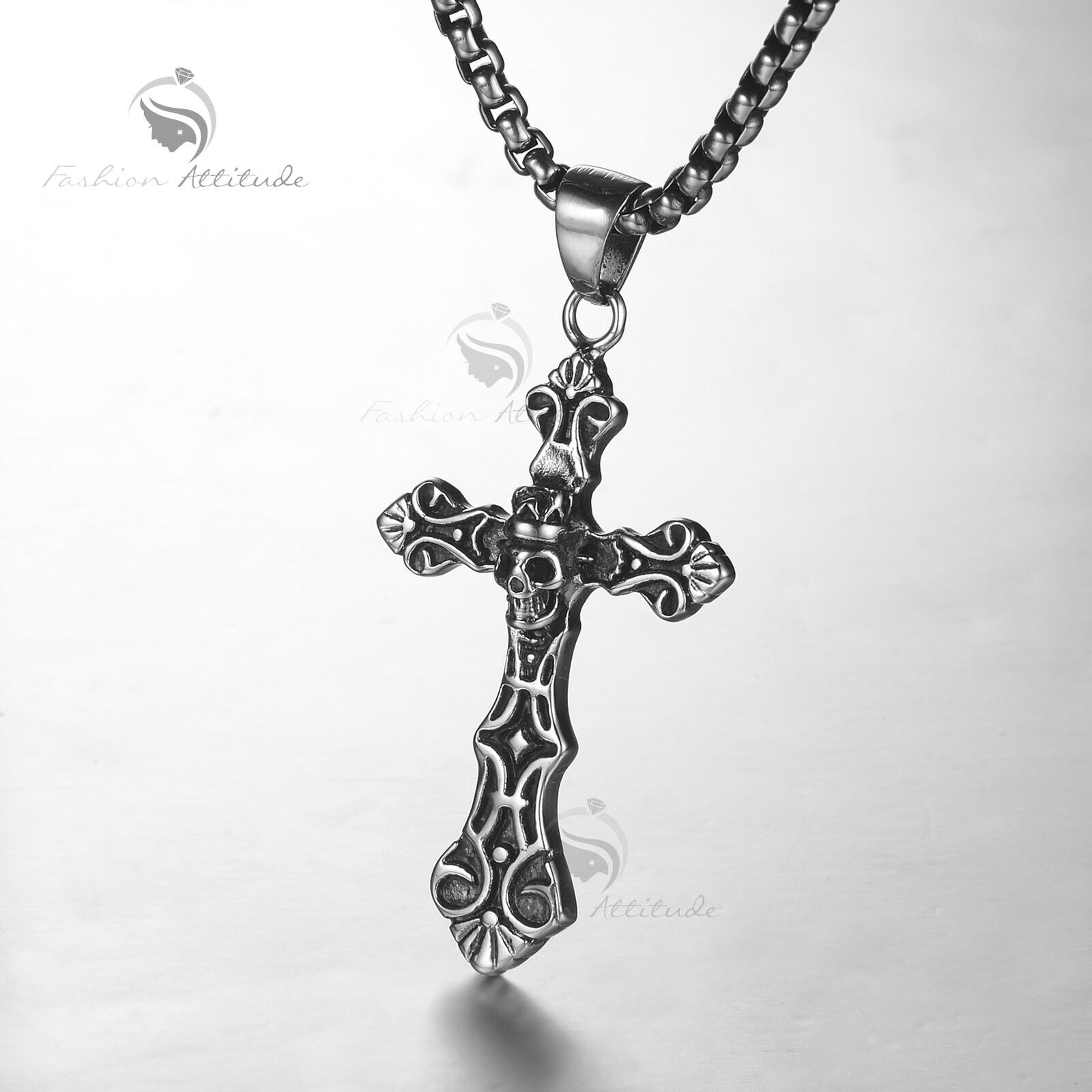 Silver skulls cross pendant 316L stainless steel chain necklace
