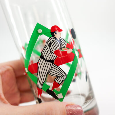 (2) Vintage BASEBALL PLAYER Tom Collins Tall Drinking Glasses Retro Barware 