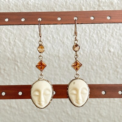 Carved Face Drop Dangle Earrings with Crystals 925 Sterling Silver Handmade New