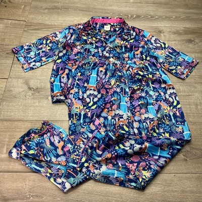 Chelsea Peers Pajama Set Womens L Ivy Blue Jungle Safari Print 2 Piece Lounge
