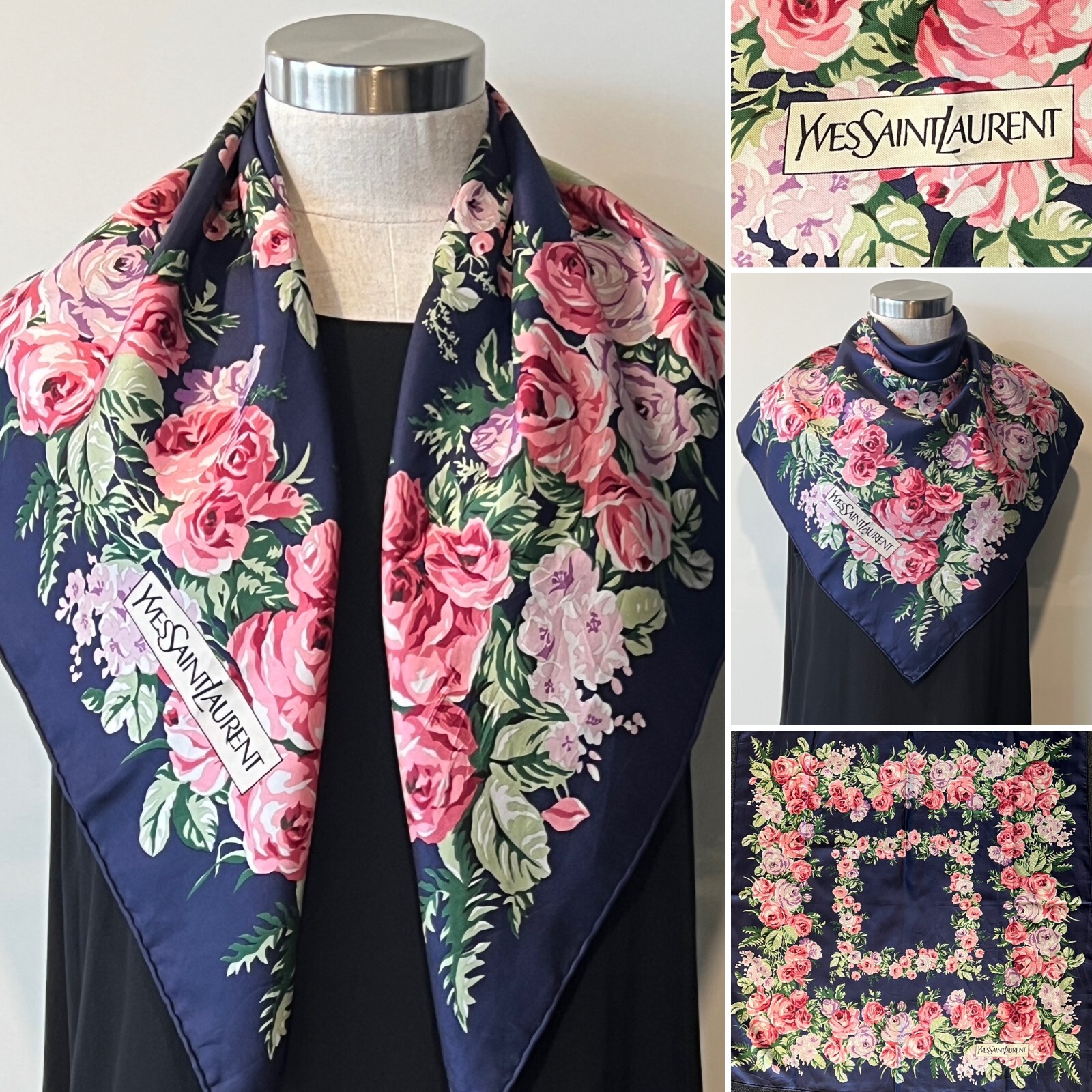 イヴサンローラン　白　紺　お花柄　透ける素材　スカーフ　シルク100% Yves Saint Laurent 中古 良品 YVESSAINTLAURENTイヴサン