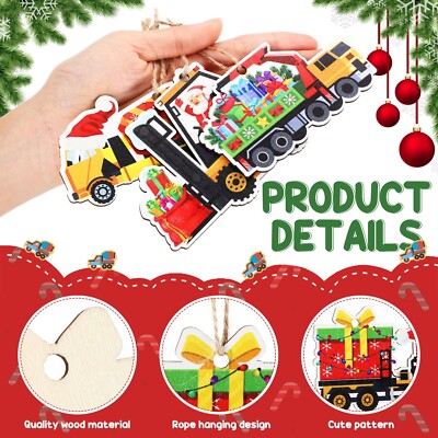 Bucherry 24 Pieces Construction Christmas Ornaments Truck Ornaments Wood Exca...