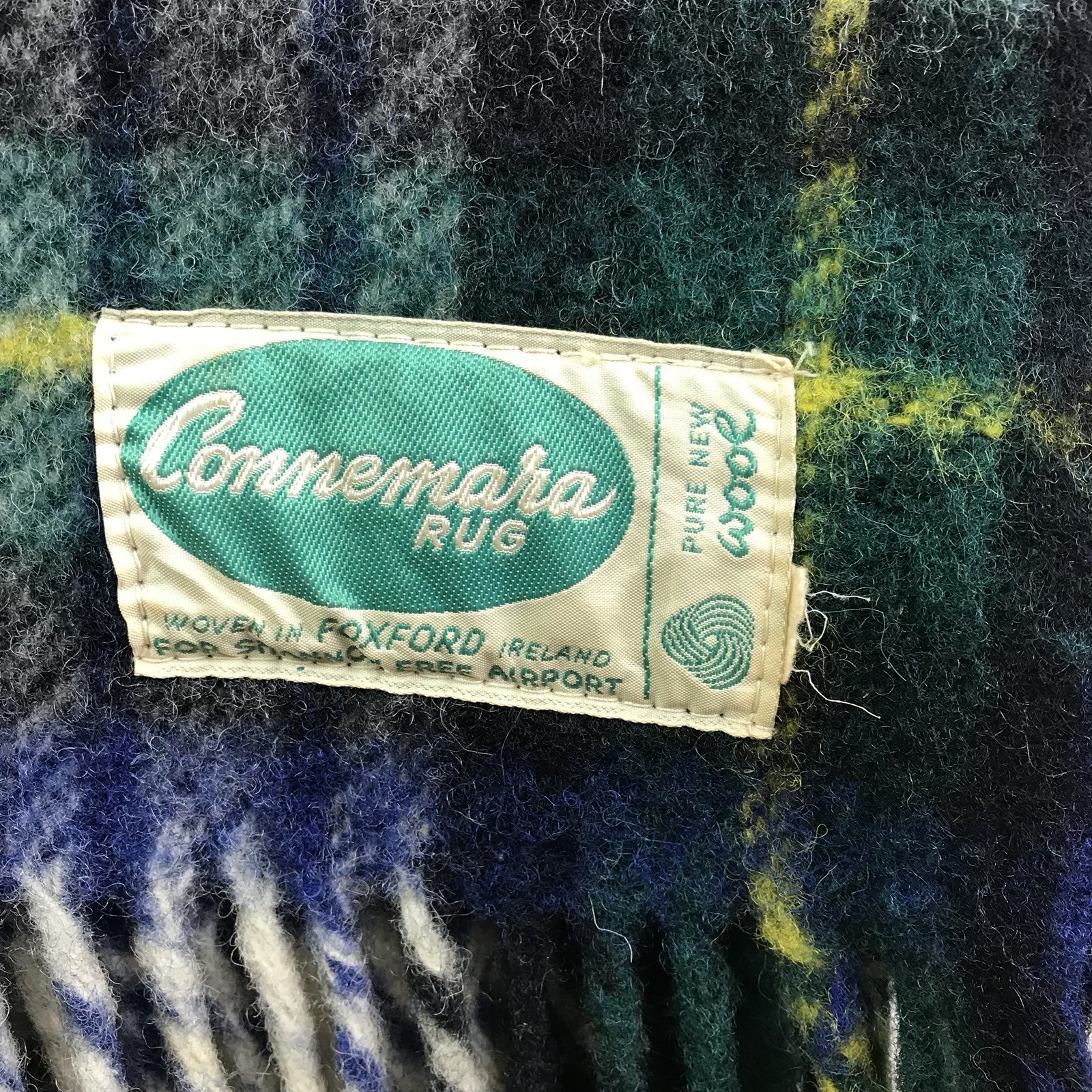 Vtg CONNEMARA Rug Irish Wool Tartan Plaid Blue Green Fringe Blanket Shannon Free