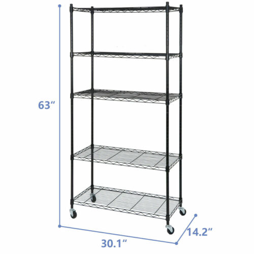 5-Tier Shelves Wire Unit Rack Large Space Storage Rolling wi