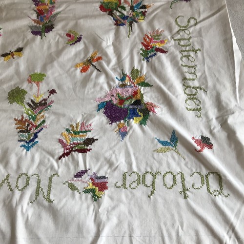 Handmade Cross Stitch Finished 12 Months Border Floral Center on White 47” X 48”