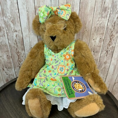 Vintage Vermont Teddy Bear Jointed Plush Doll Floral Dress with Eyeglasses Brown
