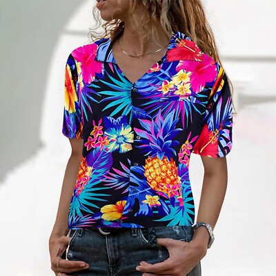 Women's Funky Hawaiian Shirt Frontpocket Leaves Flowers Pineapple Print Blouse