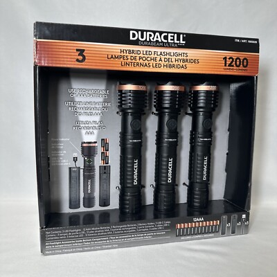 FLASHLIGHT RECHAGEABLE TORCH LIGHT STROBE LED DURACELL 1200 LUMEN HYBRID 3 PACK