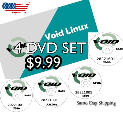 VOID LINUX ''4 DVD Set'' 64-Bit and 32-Bit BASE AND XFCE  Same Day Shipping USA
