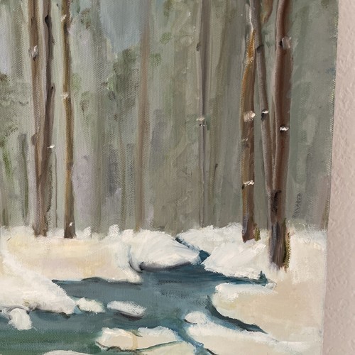 Vintage Impressionist Painting 20x16" Winter Wooded Stream Landscape