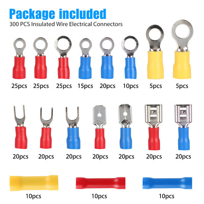 300PCS Insulated Electrical Wire Splice Terminal Spade Crimp Ring Connectors Kit