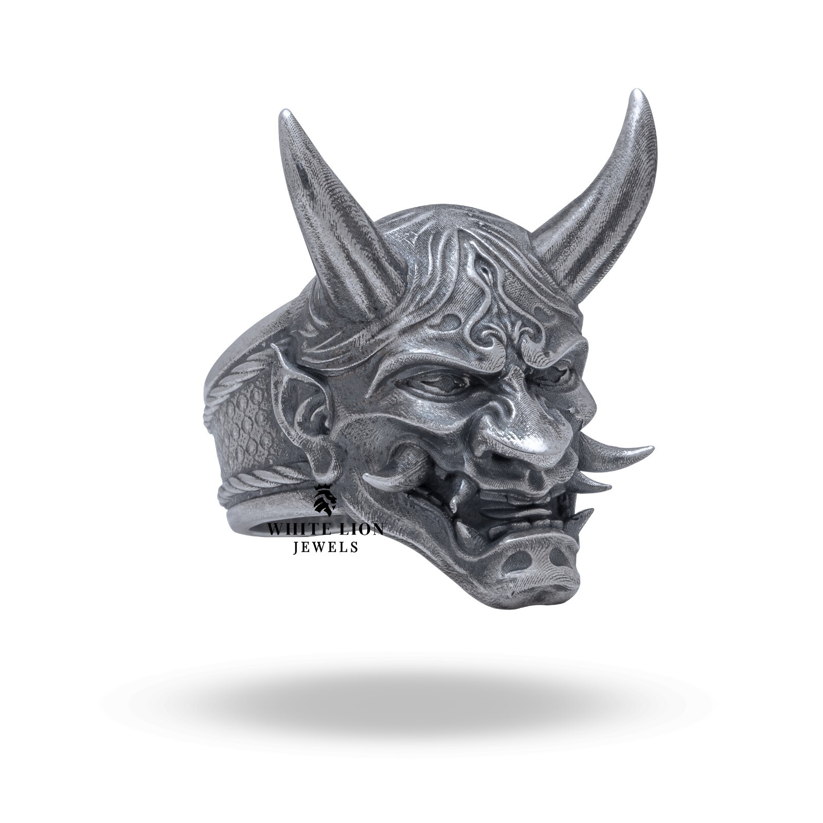 Japanese Mythology Protection Oni Mask Ring Biker Oxidized