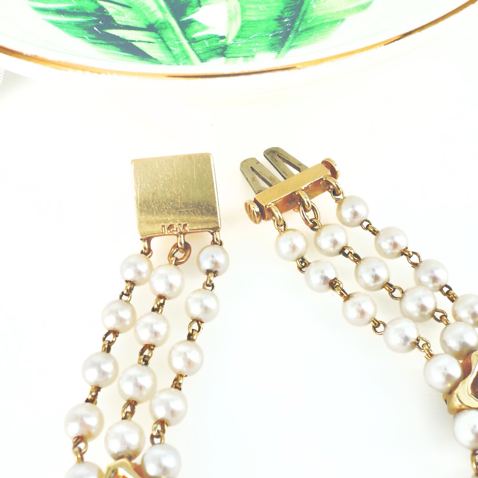 14k Gold Vintage Akoya Pearl 3-Row Bracelet & Garnet Slide Bracelet Charms - Picture 6 of 10
