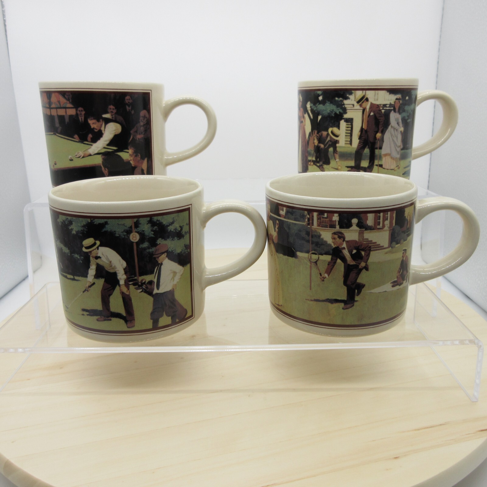 Vintage 1988 Coffee Mug Set of 4 Billiards Golf Croquet Badminton 10 Fl Oz JAPAN