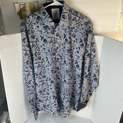 A Fish Named Fred Shirt Mens Large Button Down Long Sleeve Blue & White Ski