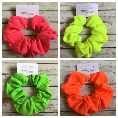 NEON BRIGHT FABRIC STRETCH HAIR SCRUNCHIE PONYTAIL TIE BUN BAND 80s HI-VIS FLO