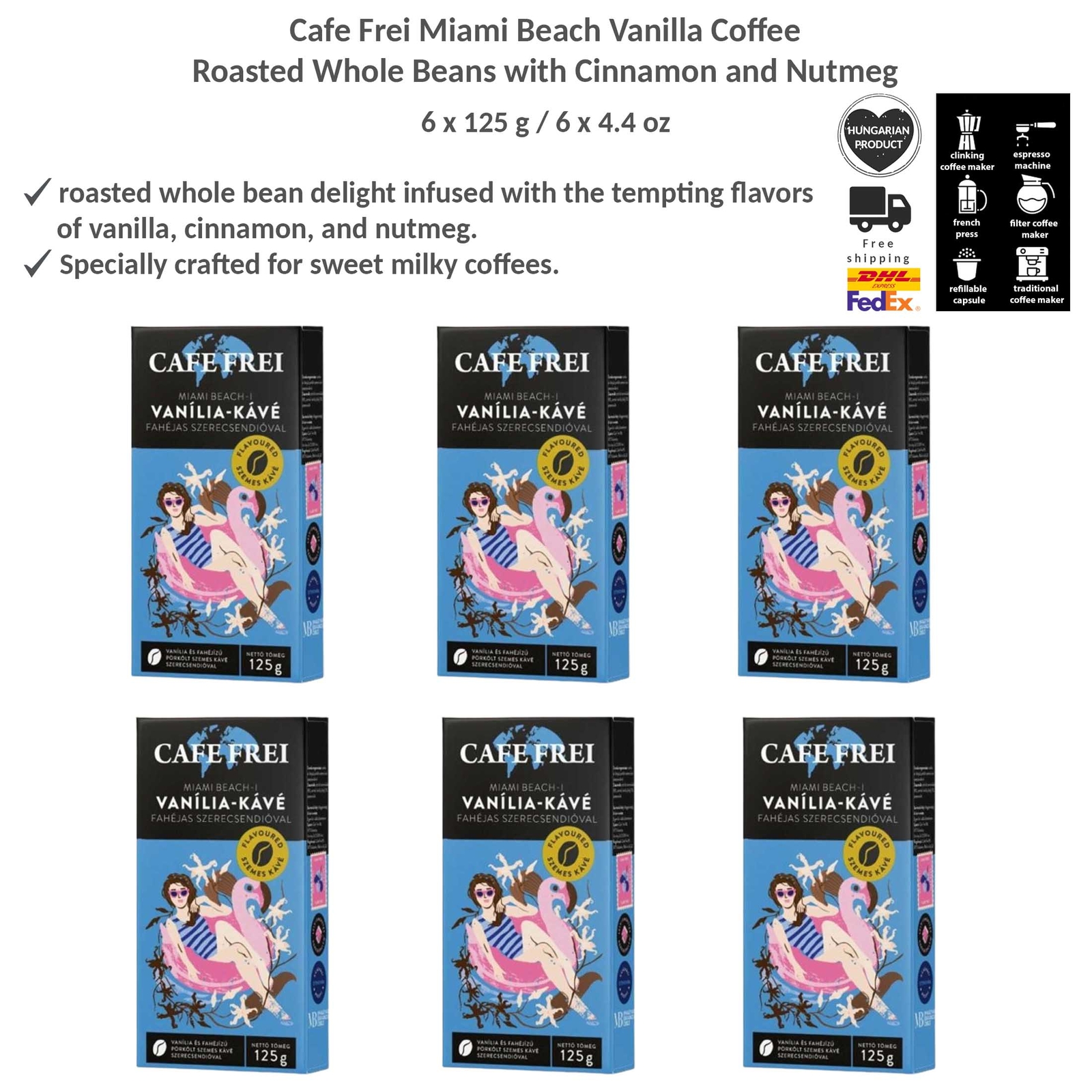Cafe Frei Vanilla Flavored Roasted Arabica Coffee with Cinnamon, Nutmeg 125gx6