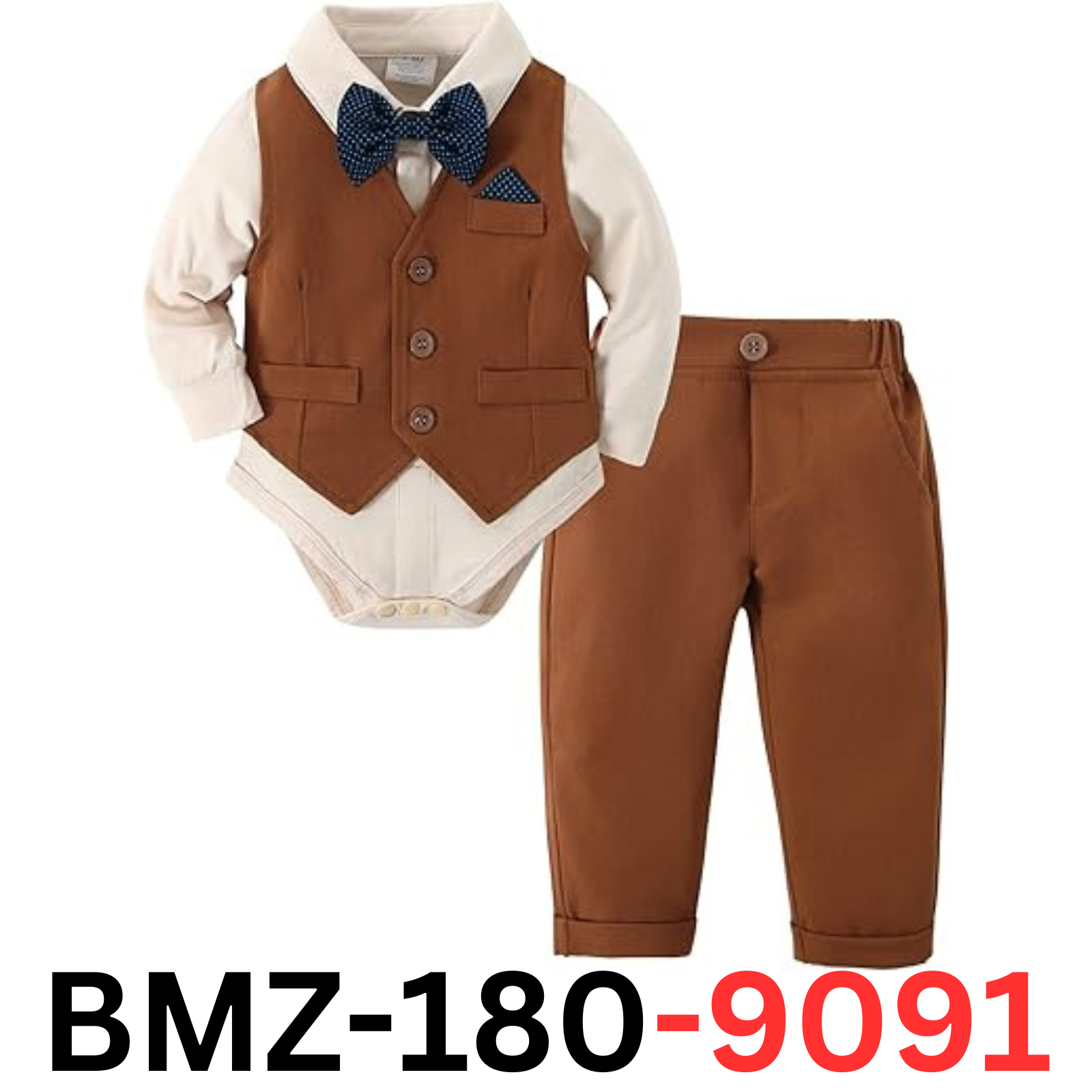 DISAUR Baby Long Sleeve Infant Beige Shirt Brown Vest Pants Bow Tie Boy Suit, 1T