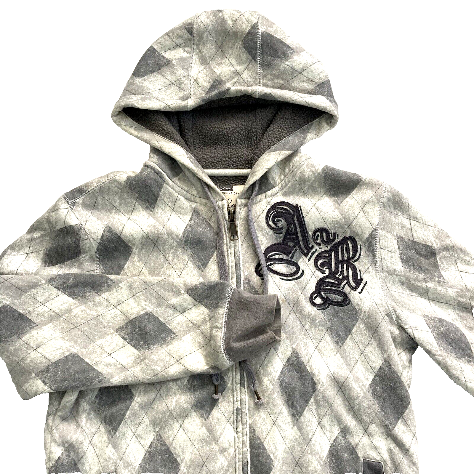 Vintage American Rag Grey Argyle Fleece Lined Hoodie Size M