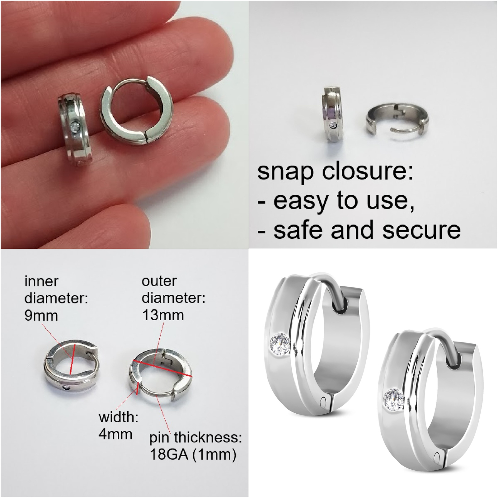 Pair 4 x 13mm Clear CZ Huggie Hoop Earrings * Stainless Steel * Unisex Jewellery