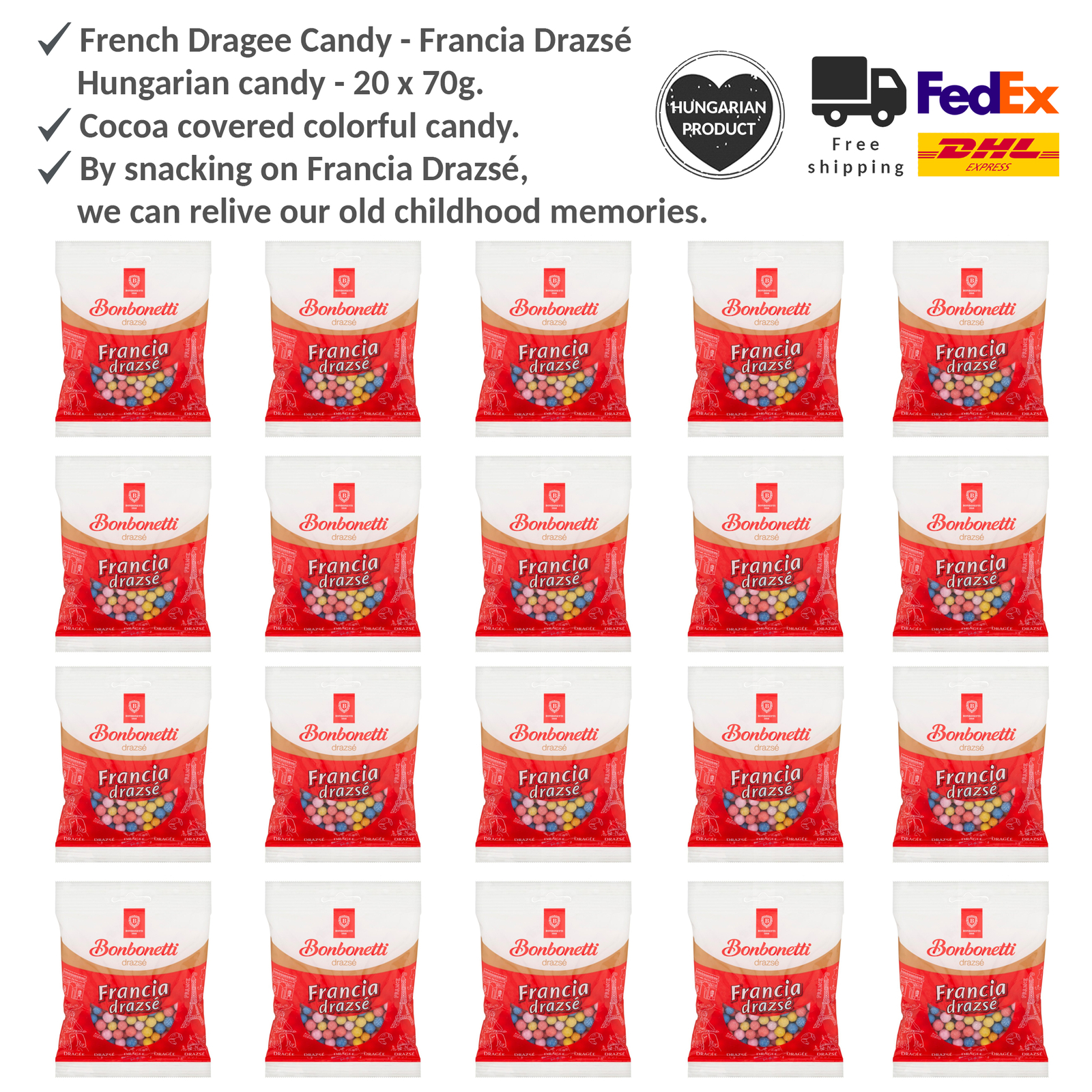 French Dragee Candy Cocoa Flavored - Franciadrazsé, Hungarian Retro Candy 20x70g