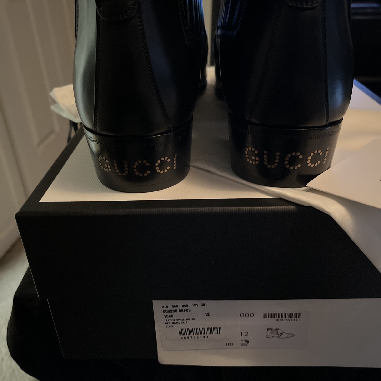 Pre-owned Gucci Mens 563268 Black Leather Logo Printed Ankle Boots Gold Buckle Us 13.5