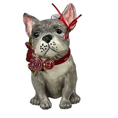 Valentine French Bulldog Puppy Rose Bow Figurine Ceramic Blue Sky 9.5”