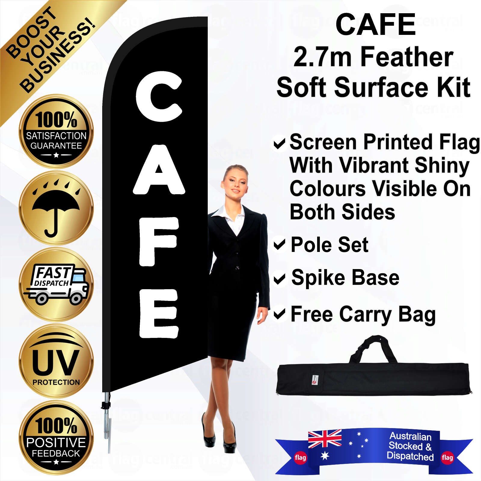 CAFE Black 2.7m Feather Flag / Banner Kit with Pole Set, Galvanised Steel Ground Spike and a Free Carry Bag