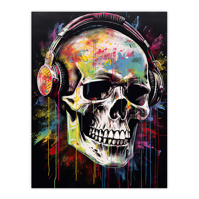 Hardcore Punk Music Artwork Vibrant Skull With Headphones