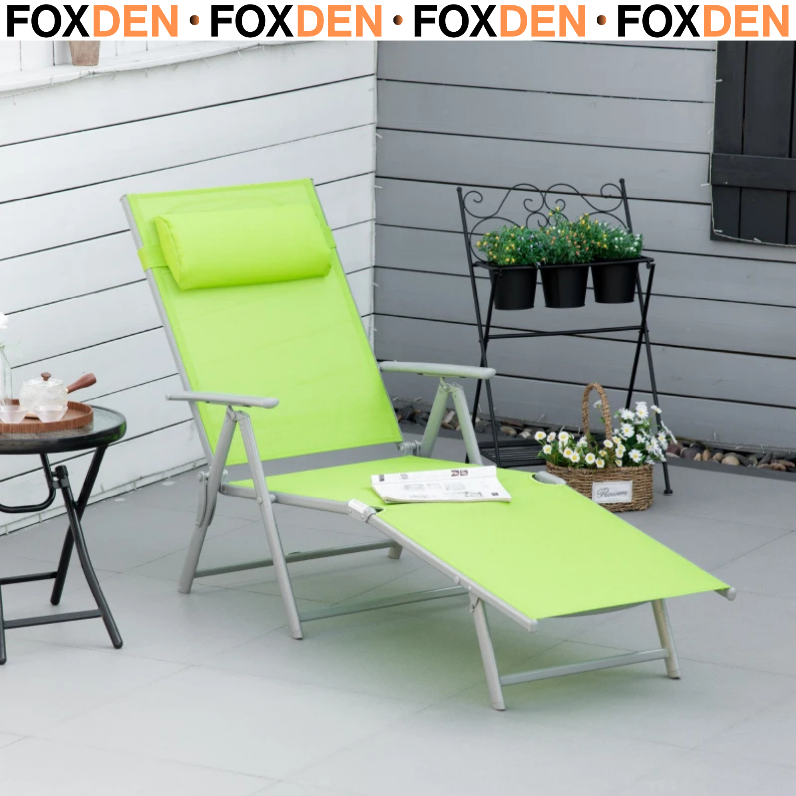 Reclining Outdoor Chaise Lounge Recliner w/ 7 Adjustable Backrest Folding Green