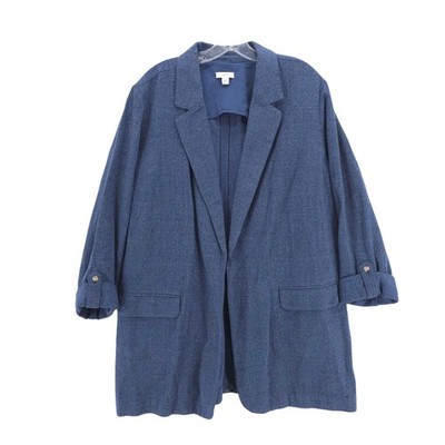 J. JILL Blue Blazer Jacket Open Front Woven Cotton Rayon Blend Pockets LARGE