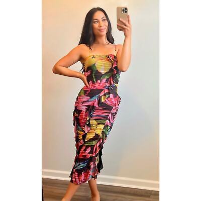 Pre-owned Rococo Sand Chris Midi Dress In Black Small Floral Ruffle Ruched Stretch Lined