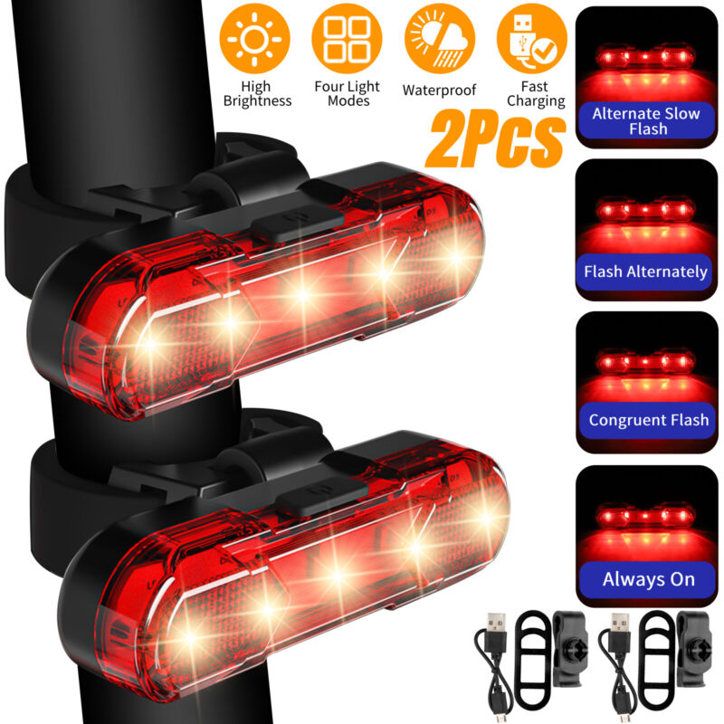 2x USB Rechargeable LED Bike Tail Light Bicycle Safety Cycling Warning Rear Lamp