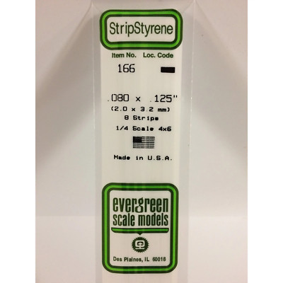Evergreen 166 Styrene Plastic Strips 0.080''x 0.125''x 14'' (8)