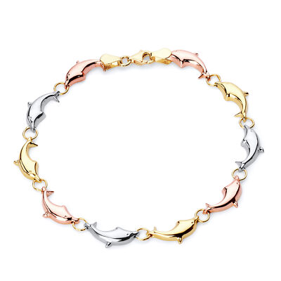 Pre-owned Wellingsale 14k Tri Color Gold Dolphin Bracelet - 7.25"