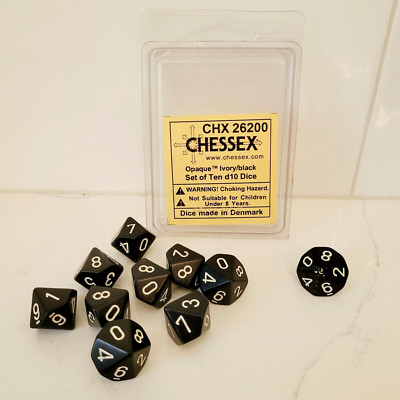 Chessex Dice Set Black with White Ten Side Die Set of 10 D10 26200 READ