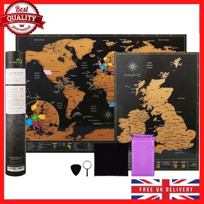 Scratch Off World Map A3 Travel Size (42 x 29.7cm) + BONUS A4 UK Map Gift Log Cm