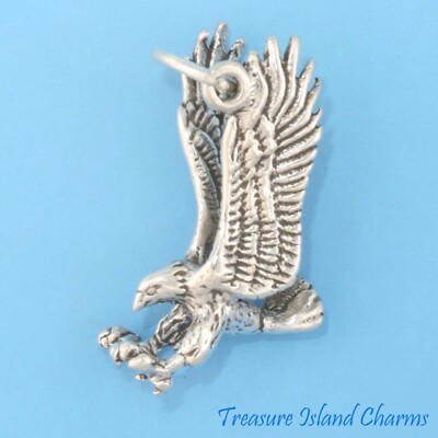 Flying Bald Eagle Bird of Prey 3D 925 Solid Sterling Silver Charm Pendant