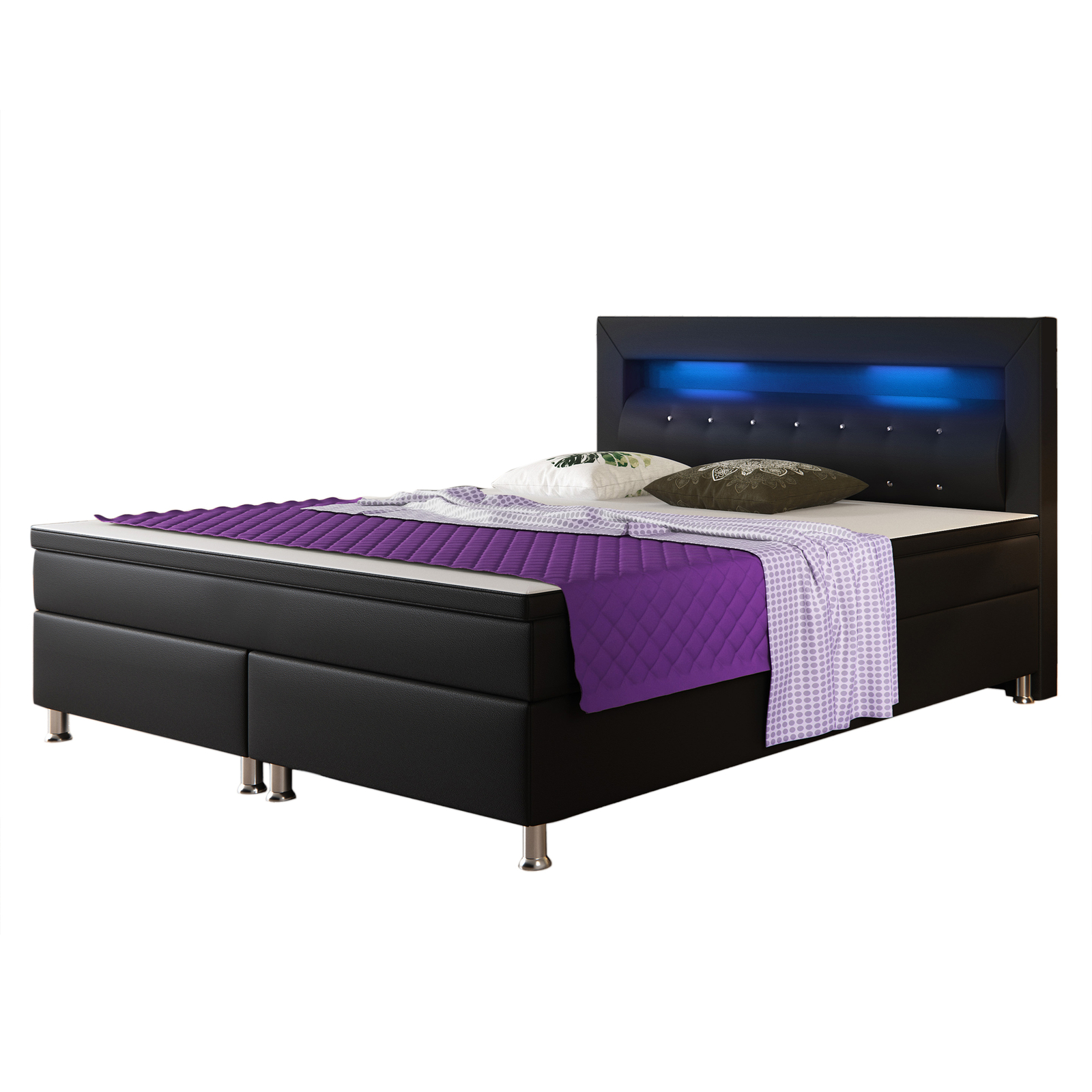 Boxspringbett Monaco Hotelbett 180x200 cm PU Kunstleder Schwarz +LED Beleuchtung