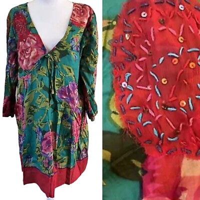NWT Funky People Floral Multicolor V Neck Tassle Tie 3/4 Sleeve Dress Coverup XL