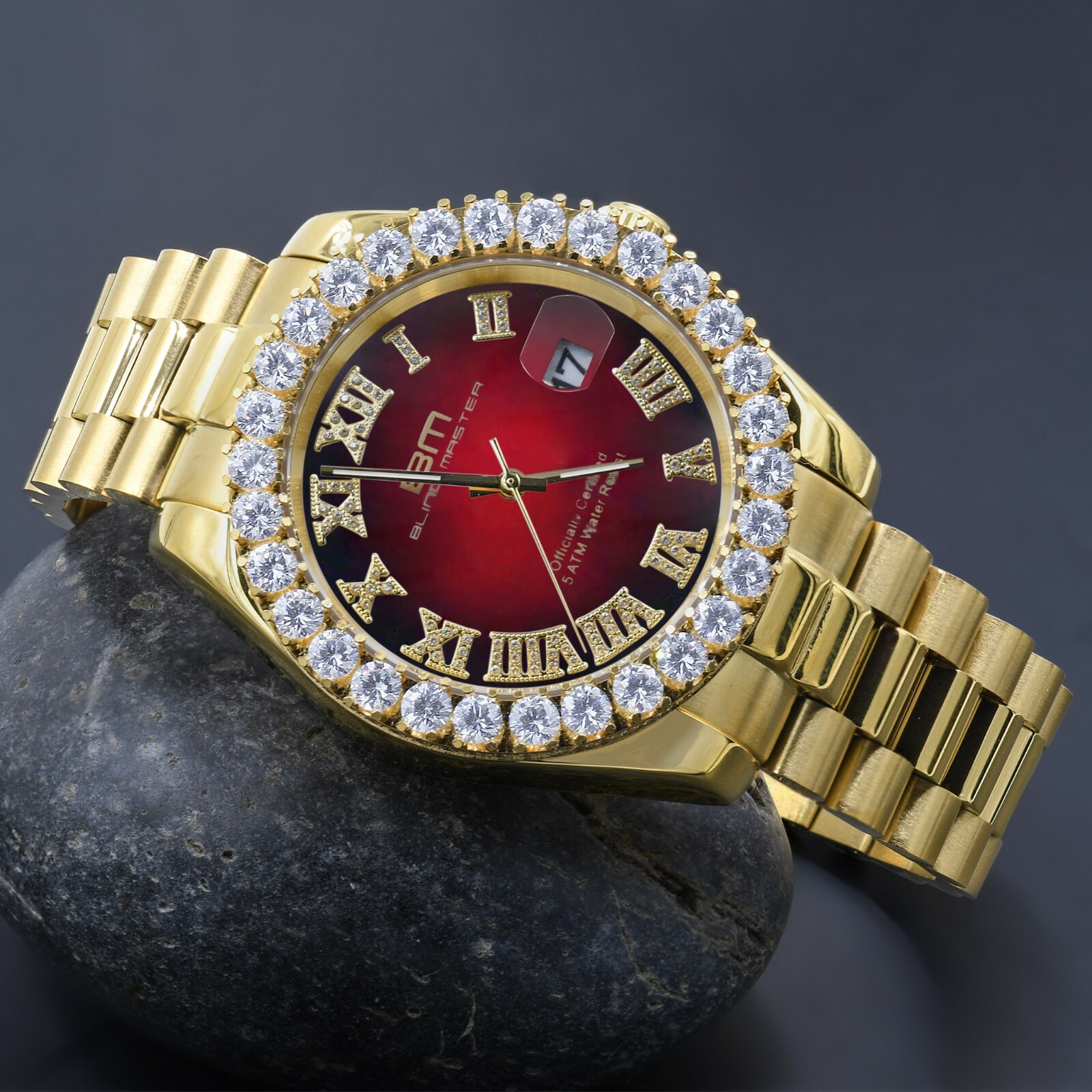 Pre-owned Bling Master Ruby Red Dial Solid Stainless Steel Men's 18k Yellow Gold Tone Finish Watch 42mm
