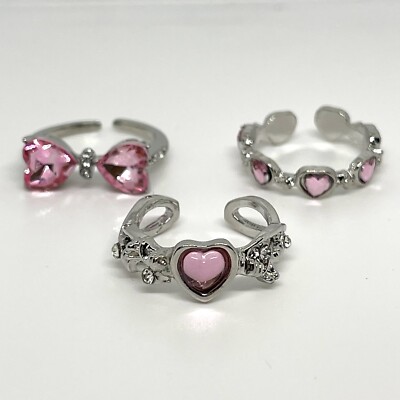 SET Coquette Ribbon Heart Rings | Silver Pink Bow Cute  🎀with Surprise Gifts🎀