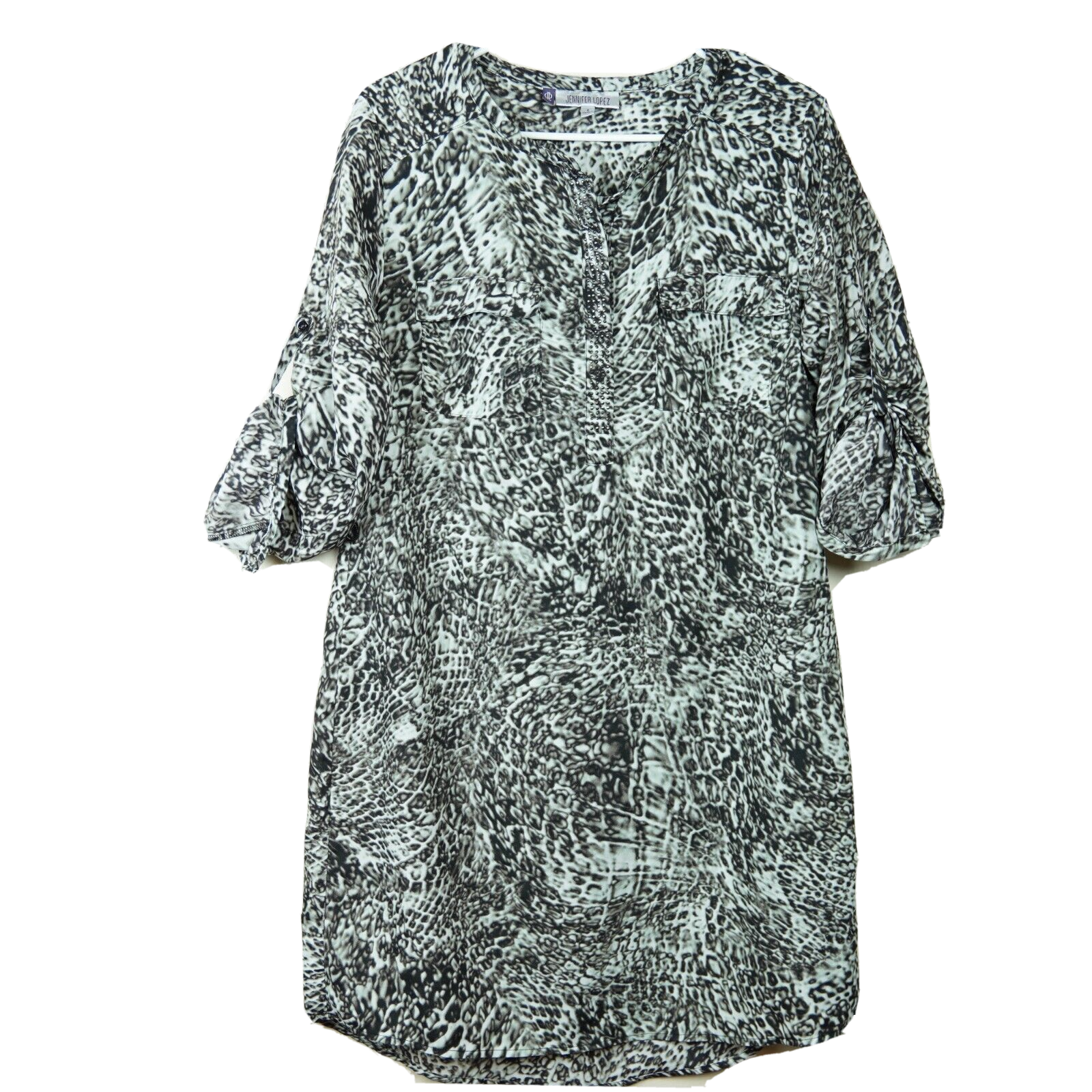 Jennifer Lopez Size 8 Animal Print Embellished Tunic Dress White and Black