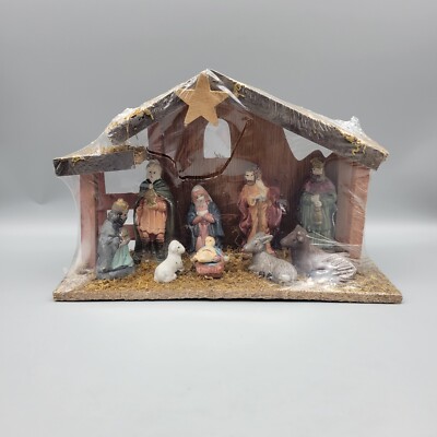 Christmas Nativity Set 11 Piece Wood Moss Manger Stable Creche Resin Figurines