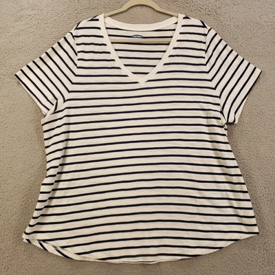 New Old Navy Blouse Womens 2XL White Navy Blue Striped Tee 100% Cotton NWT