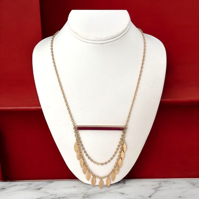 New Boutique Necklace Layered Red Polished Stone Bar Gold Tone Premier Chic 10U