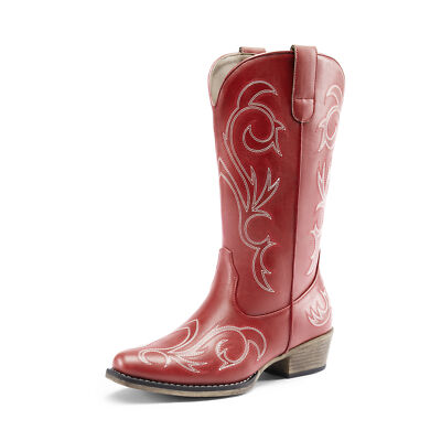 Women Low Heel Pull On Western Boots Square Toe Cowboy Cowgirl Mid Calf Boots