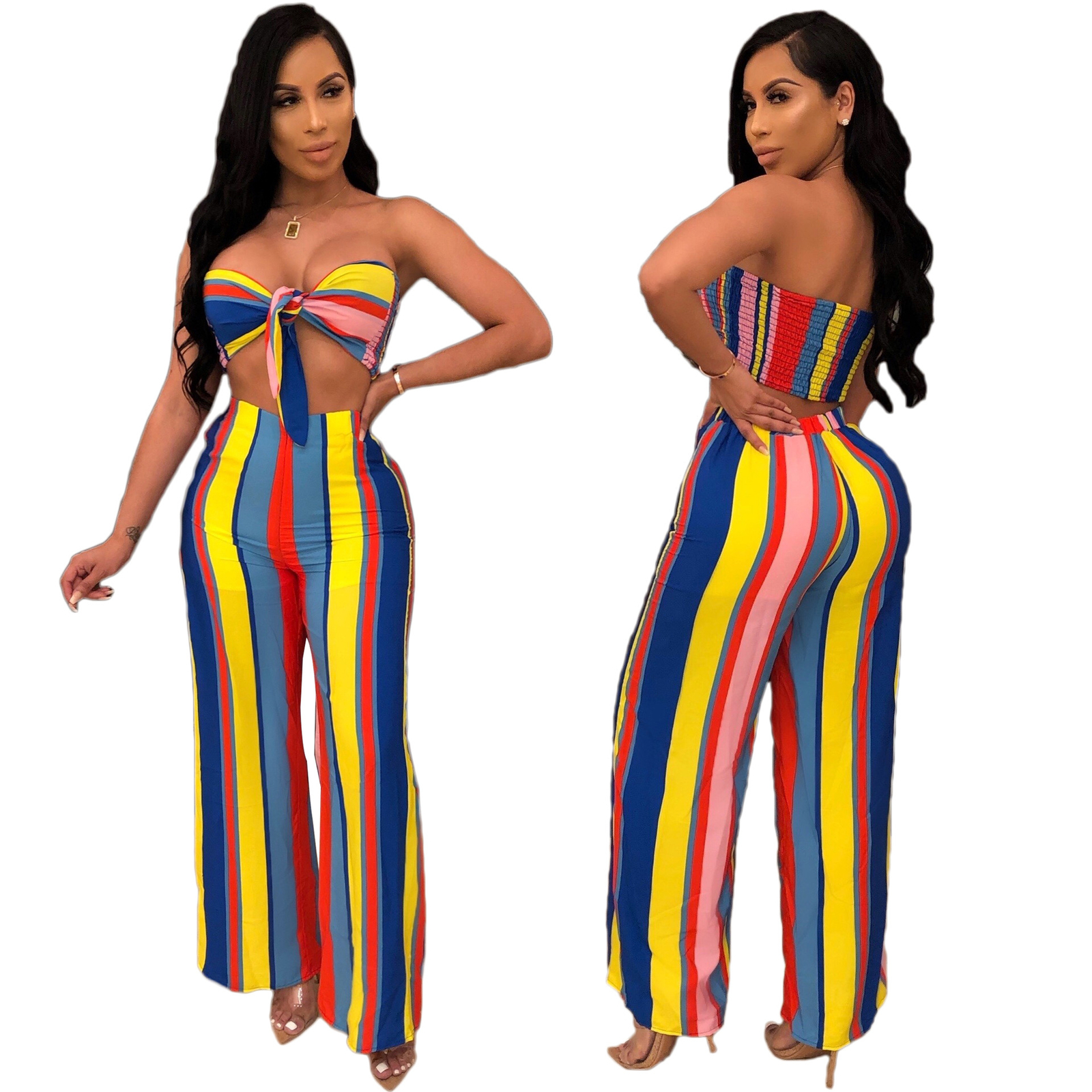 Women Stripe Print BoatNeck Strapless Chest Wide Legs Casual Summer Jumpsuit 2pc