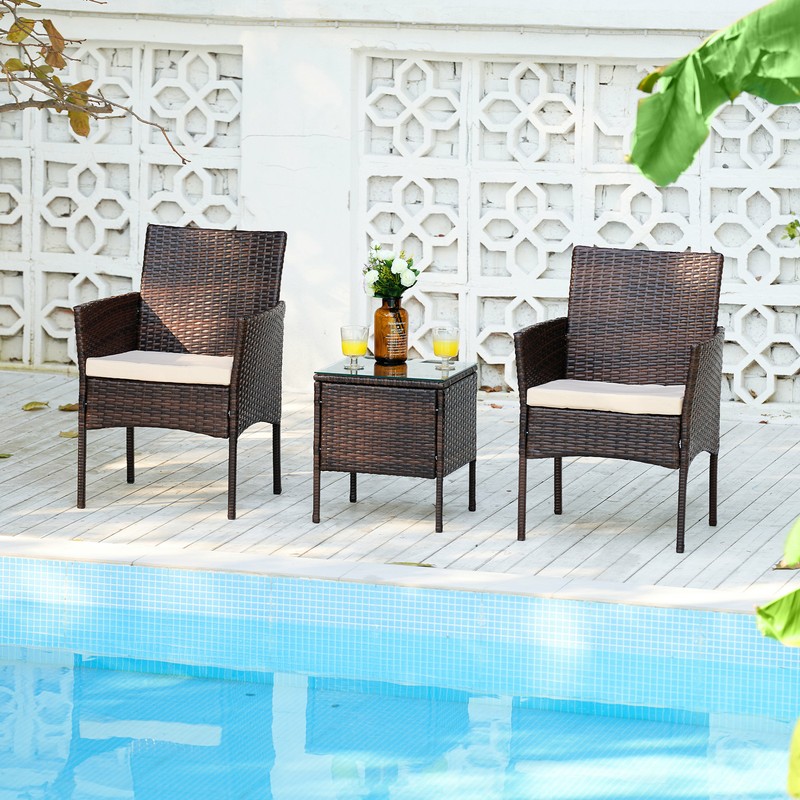 3pc Wicker Garden Furniture Set with 2 Chairs and Coffee Table Walnut