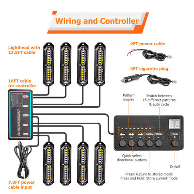 8X Amber/White 12LED Car Emergency Beacon Warning Hazard Flash Strobe Lights
